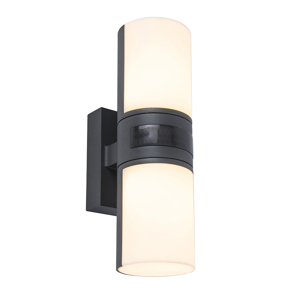 CYRA PIR IP54 INTEGRATED LED WALL LIGHT WITH ADJUSTABLE HEADS IN DARK GREY 1000 LUMEN 3000K