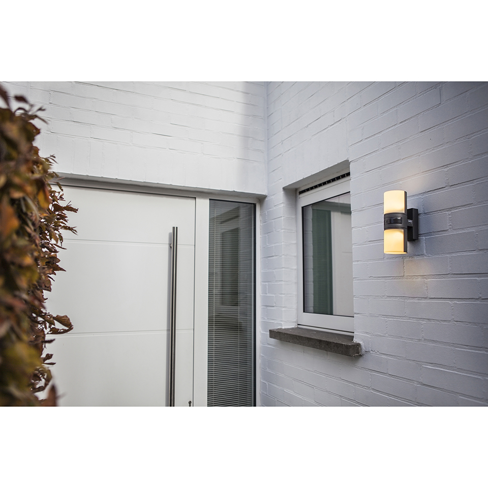 CYRA PIR IP54 INTEGRATED LED WALL LIGHT WITH ADJUSTABLE HEADS IN DARK GREY 1000 LUMEN 3000K