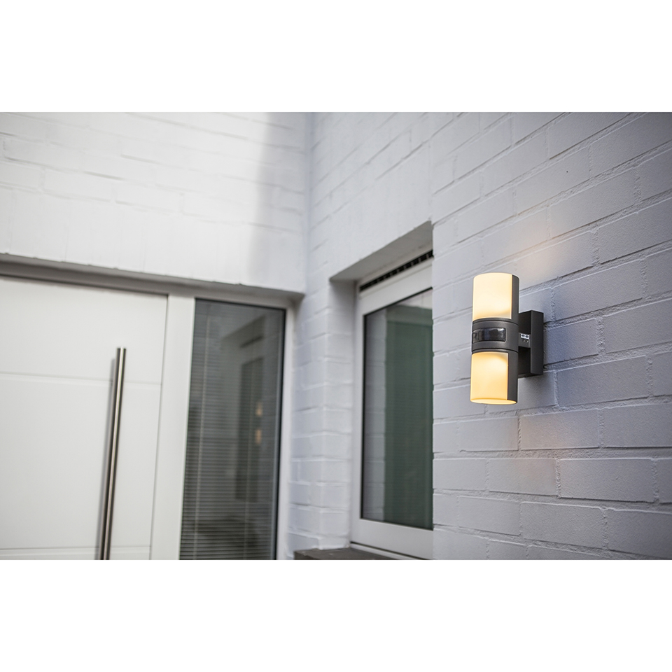 CYRA PIR IP54 INTEGRATED LED WALL LIGHT WITH ADJUSTABLE HEADS IN DARK GREY 1000 LUMEN 3000K
