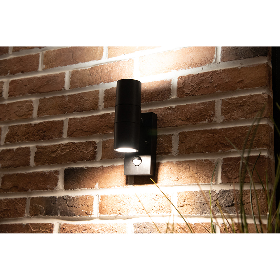 Coastal Up & Down Wall Light Polycarbonate IP44 Black 2 x GU10 PIR