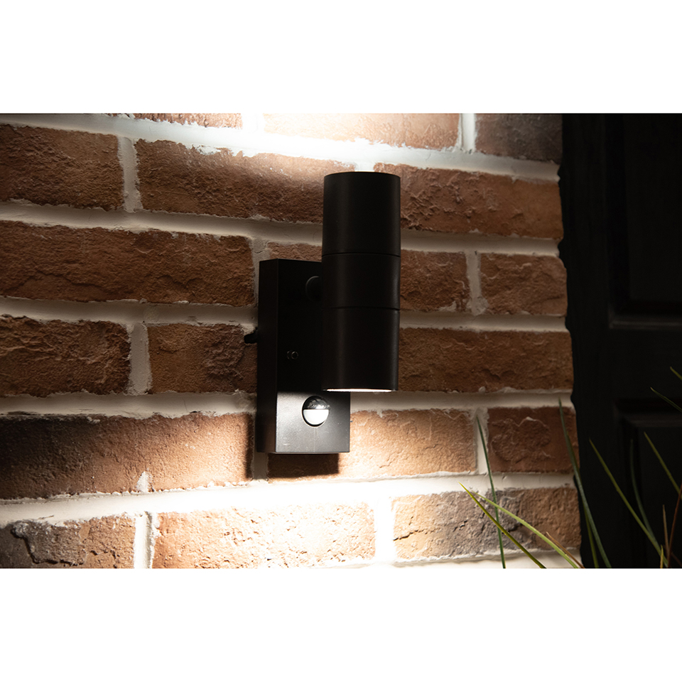 Coastal Up & Down Wall Light Polycarbonate IP44 Black 2 x GU10 PIR