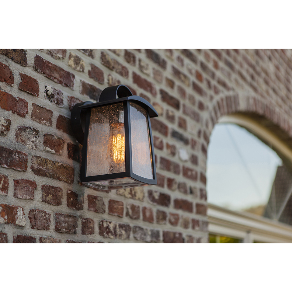 KELSEY IP44 E27 WALL LIGHT IN BLACK WITH WATER GLASS