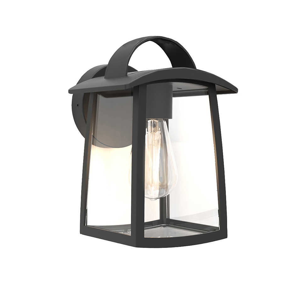 KELSEY IP44 E27 WALL LIGHT IN BLACK WITH CLEAR GLASS