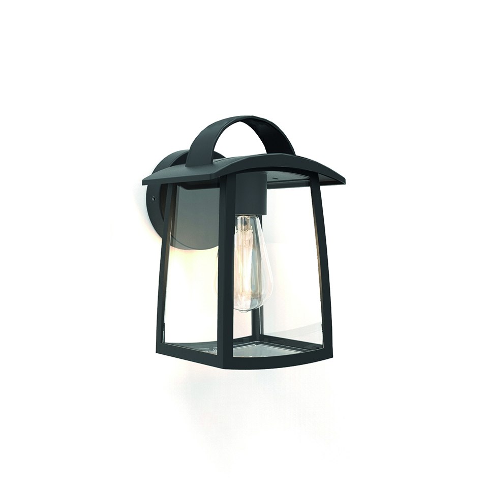 KELSEY IP44 E27 WALL LIGHT IN BLACK WITH CLEAR GLASS