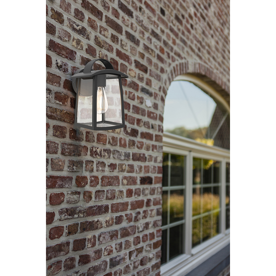 KELSEY IP44 E27 WALL LIGHT IN BLACK WITH CLEAR GLASS