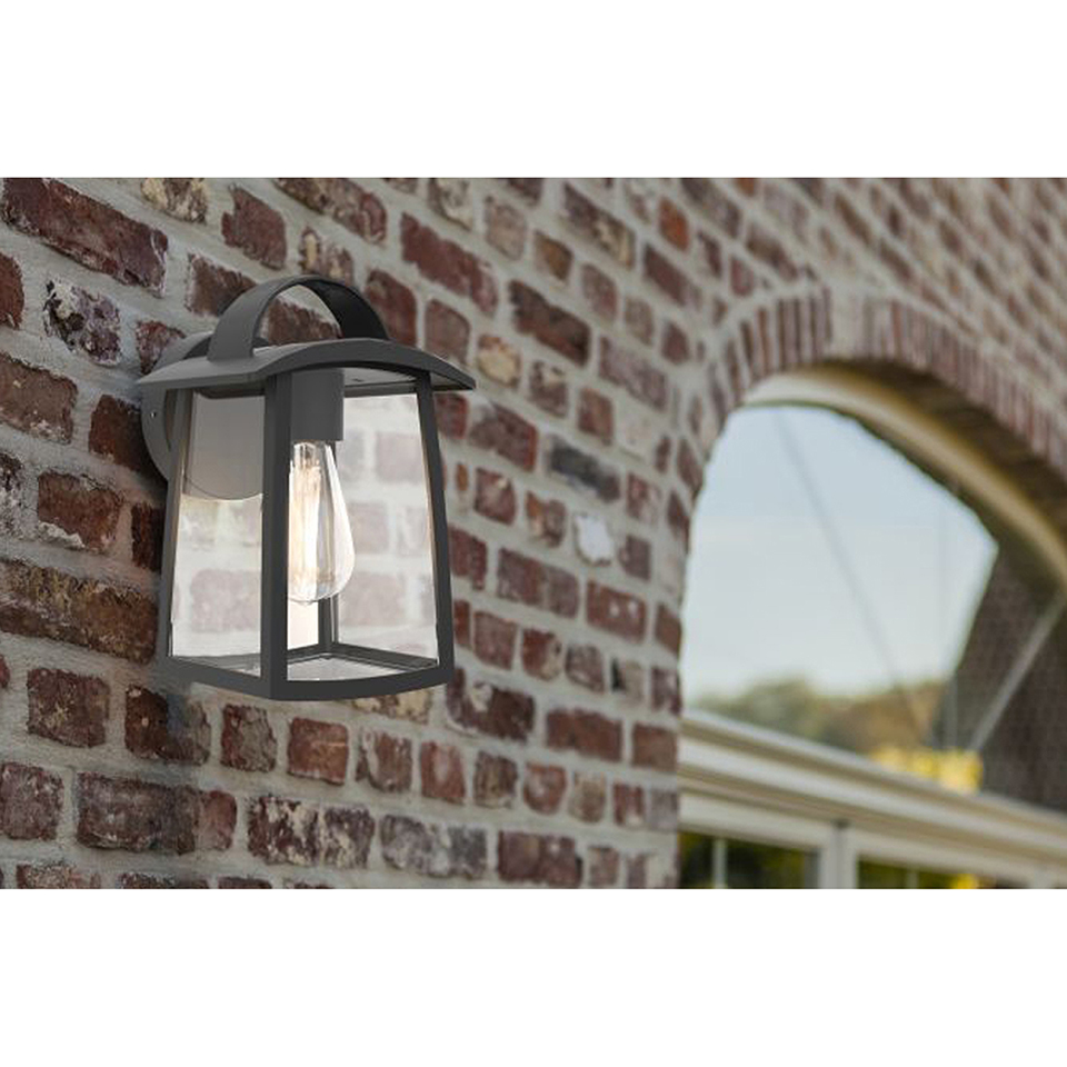 KELSEY IP44 E27 WALL LIGHT IN BLACK WITH CLEAR GLASS