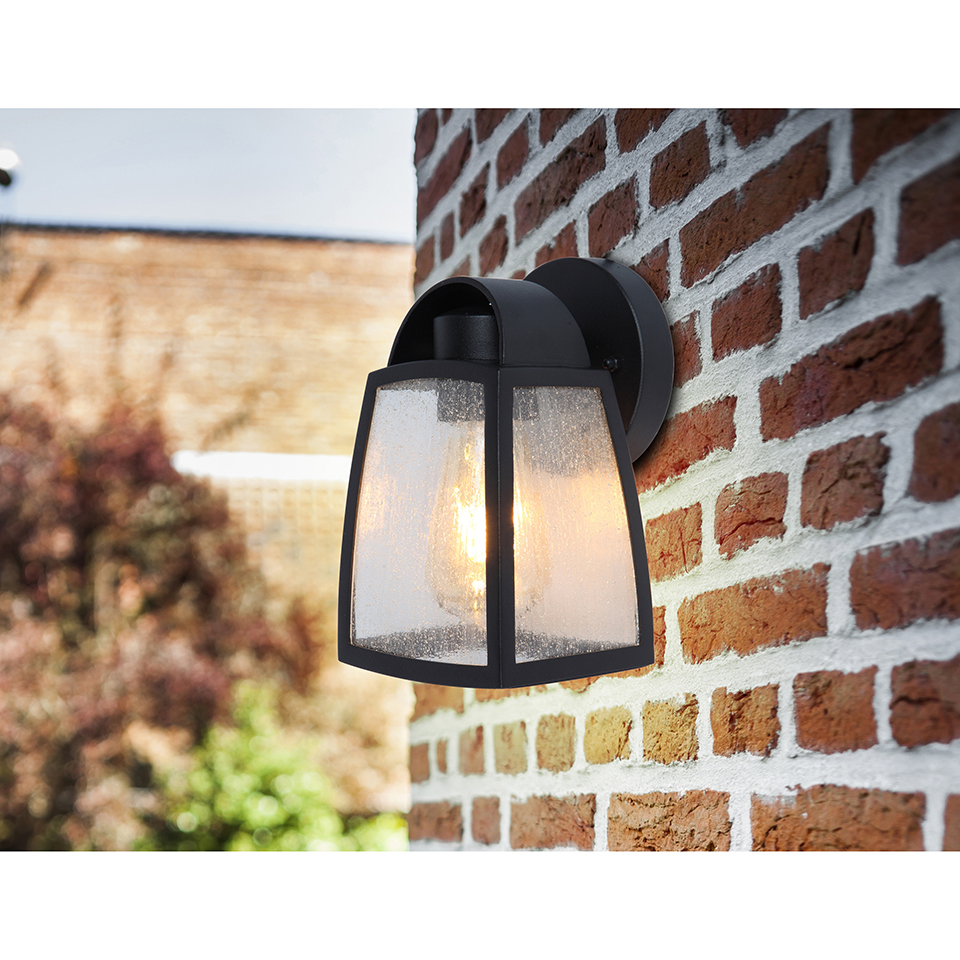KELSEY IP44 E27 WALL LIGHT IN BLACK WITH WATER GLASS