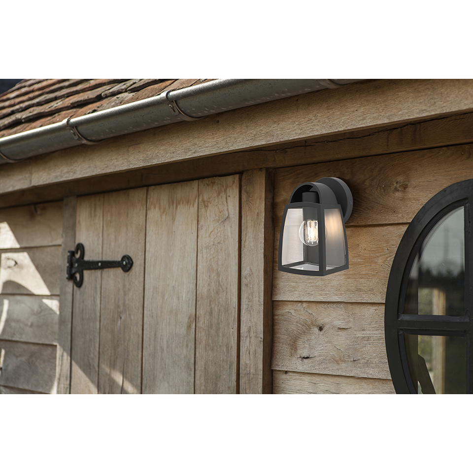 KELSEY IP44 E27 WALL LIGHT IN BLACK WITH CLEAR GLASS