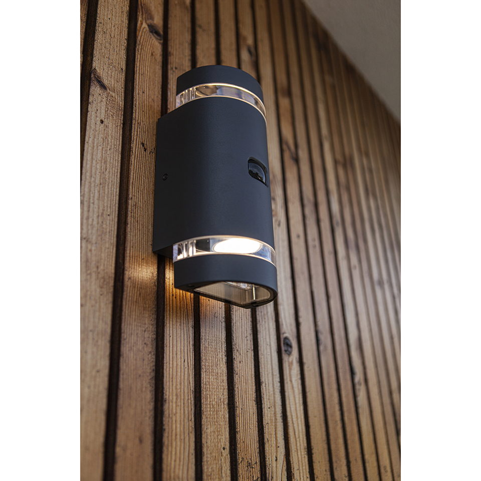 FOCUS PIR IP44 2x GU10 UP & DOWN WALL LIGHT IN DARK GREY