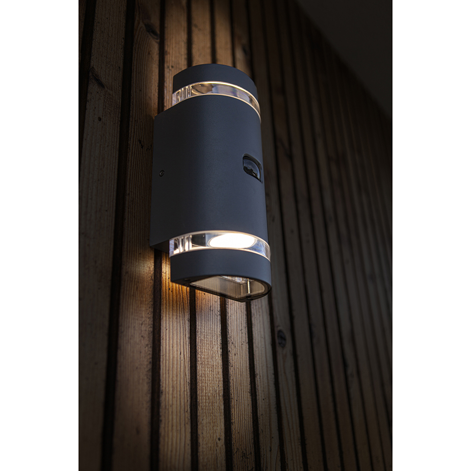 FOCUS PIR IP44 2x GU10 UP & DOWN WALL LIGHT IN DARK GREY
