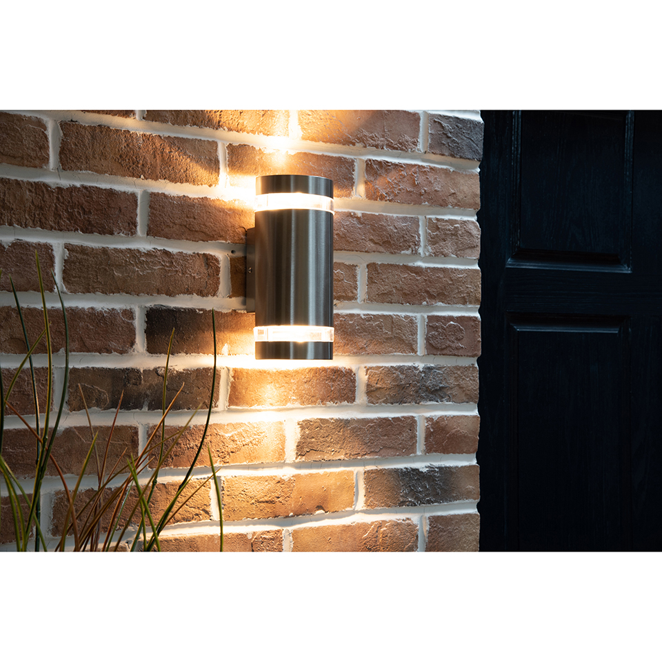 FOCUS IP44 2x GU10 WALL LIGHT IN STAINLESS STEEL