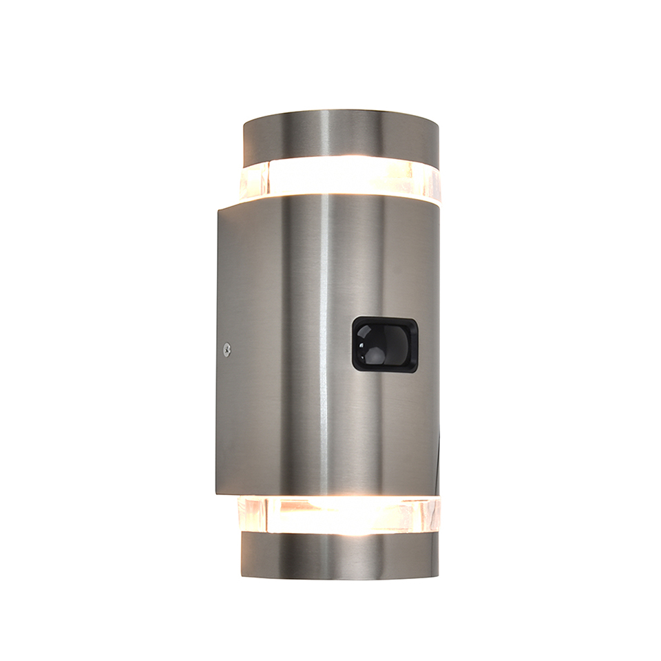 FOCUS IP44 2x GU10 WALL LIGHT IN STAINLESS STEEL WITH PIR