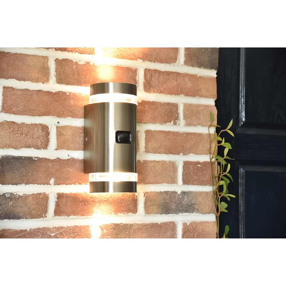 FOCUS IP44 2x GU10 WALL LIGHT IN STAINLESS STEEL WITH PIR