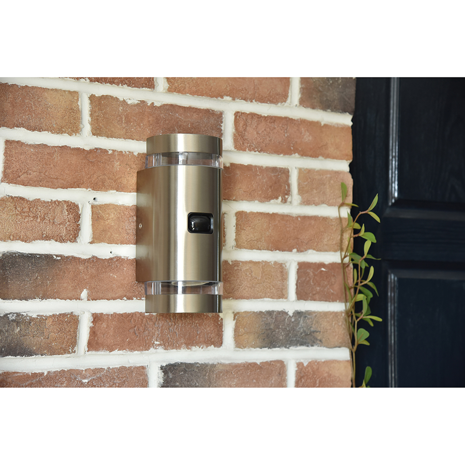 FOCUS IP44 2x GU10 WALL LIGHT IN STAINLESS STEEL WITH PIR