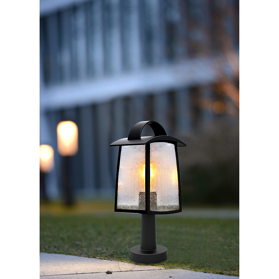 KELSEY IP44 E27 BOLLARD LIGHT IN BLACK WITH WATER GLASS