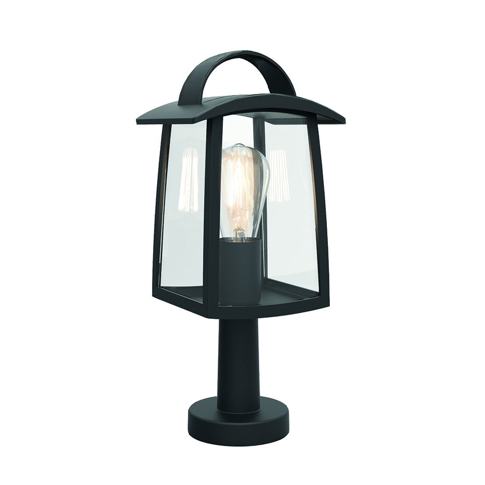 KELSEY IP44 E27 PEDESTAL LIGHT IN BLACK WITH CLEAR GLASS