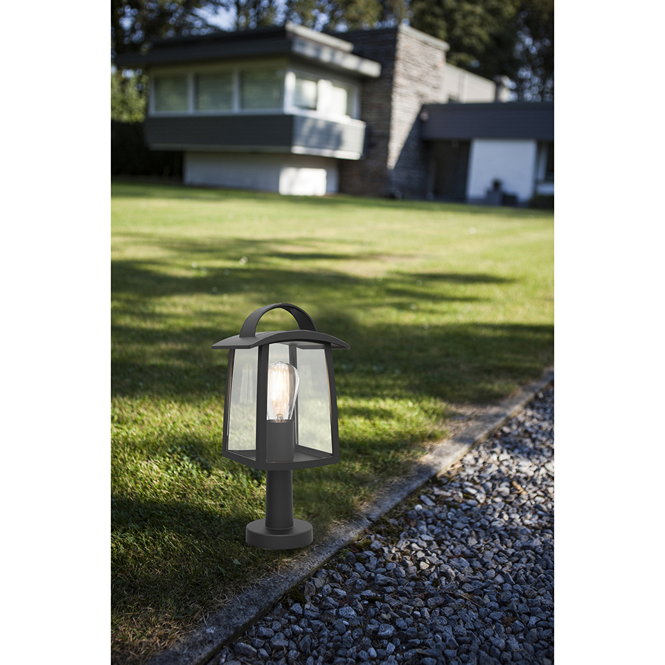 KELSEY IP44 E27 PEDESTAL LIGHT IN BLACK WITH CLEAR GLASS