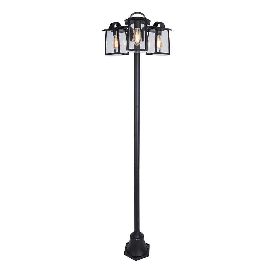 Lutec KELSEY 3 LAMP LARGE POST E27 MATT BLACK WITH CLEAR GLASS