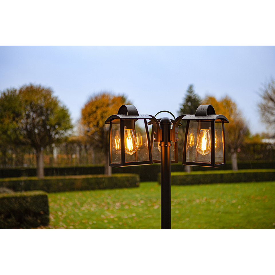 Lutec KELSEY 3 LAMP LARGE POST E27 MATT BLACK WITH CLEAR GLASS