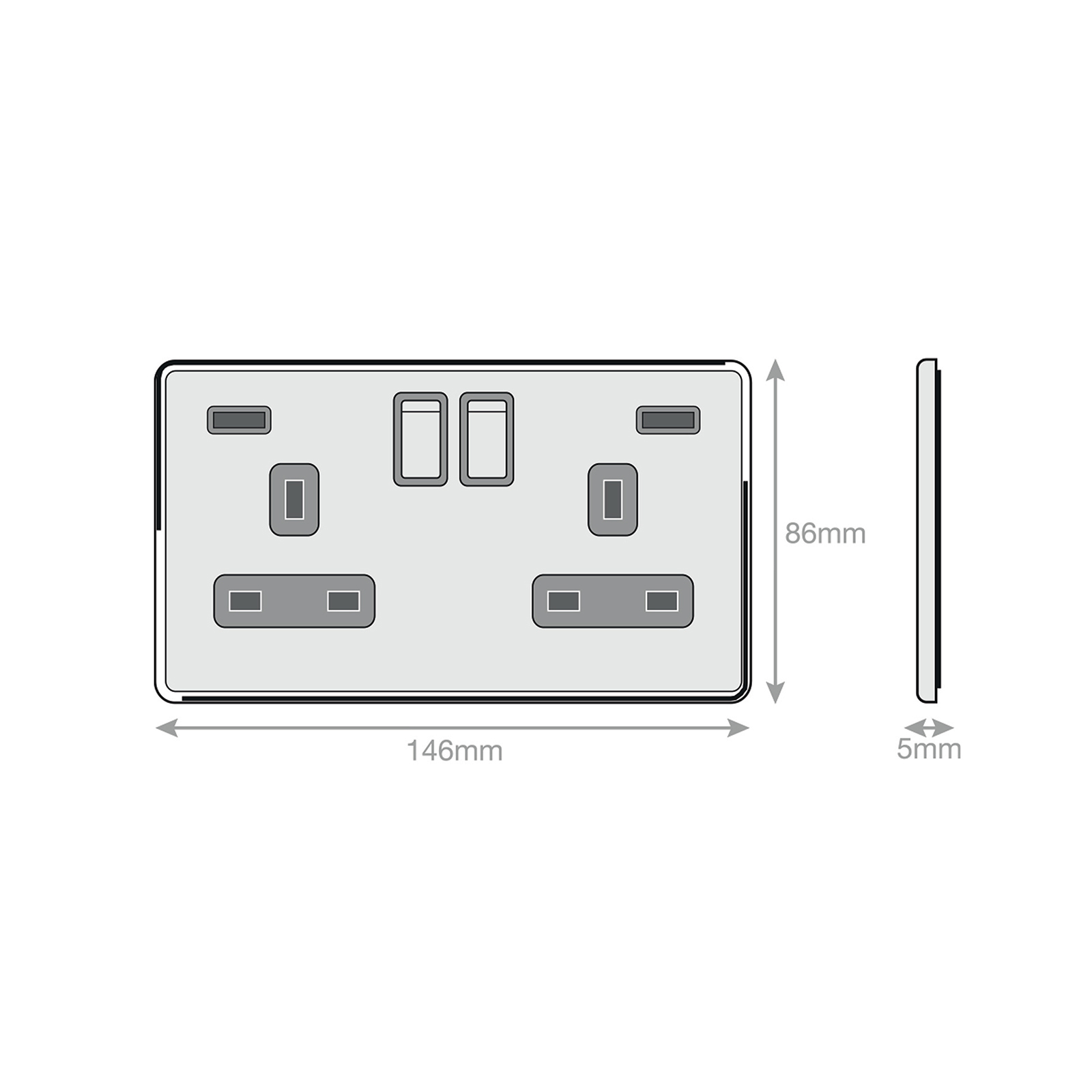 2 Gang 13 Amp Socket with 2 x USB Ports SP - Switched - Range Selectric 5M-PLUS Screwless