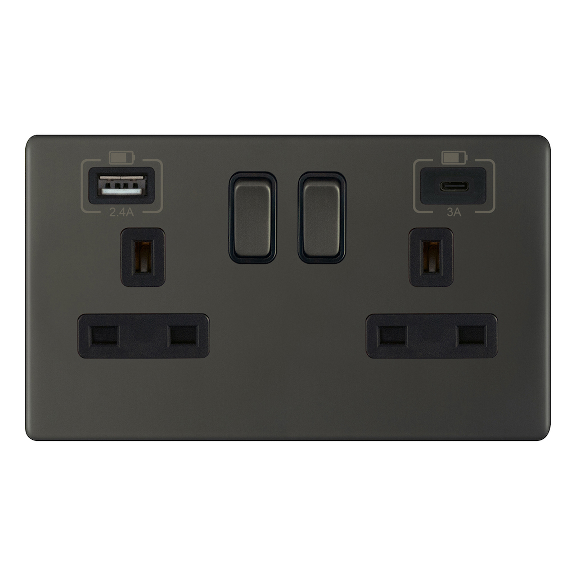 2 Gang Switched with 1 x USB Type A & 1 x USB Type C (2.4A / 3A) - Range Selectric 5M-PLUS Screwless
