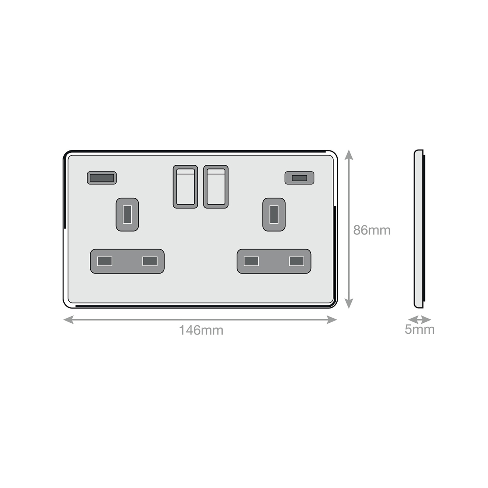 2 Gang Switched with 1 x USB Type A & 1 x USB Type C (2.4A / 3A) - Range Selectric 5M-PLUS Screwless