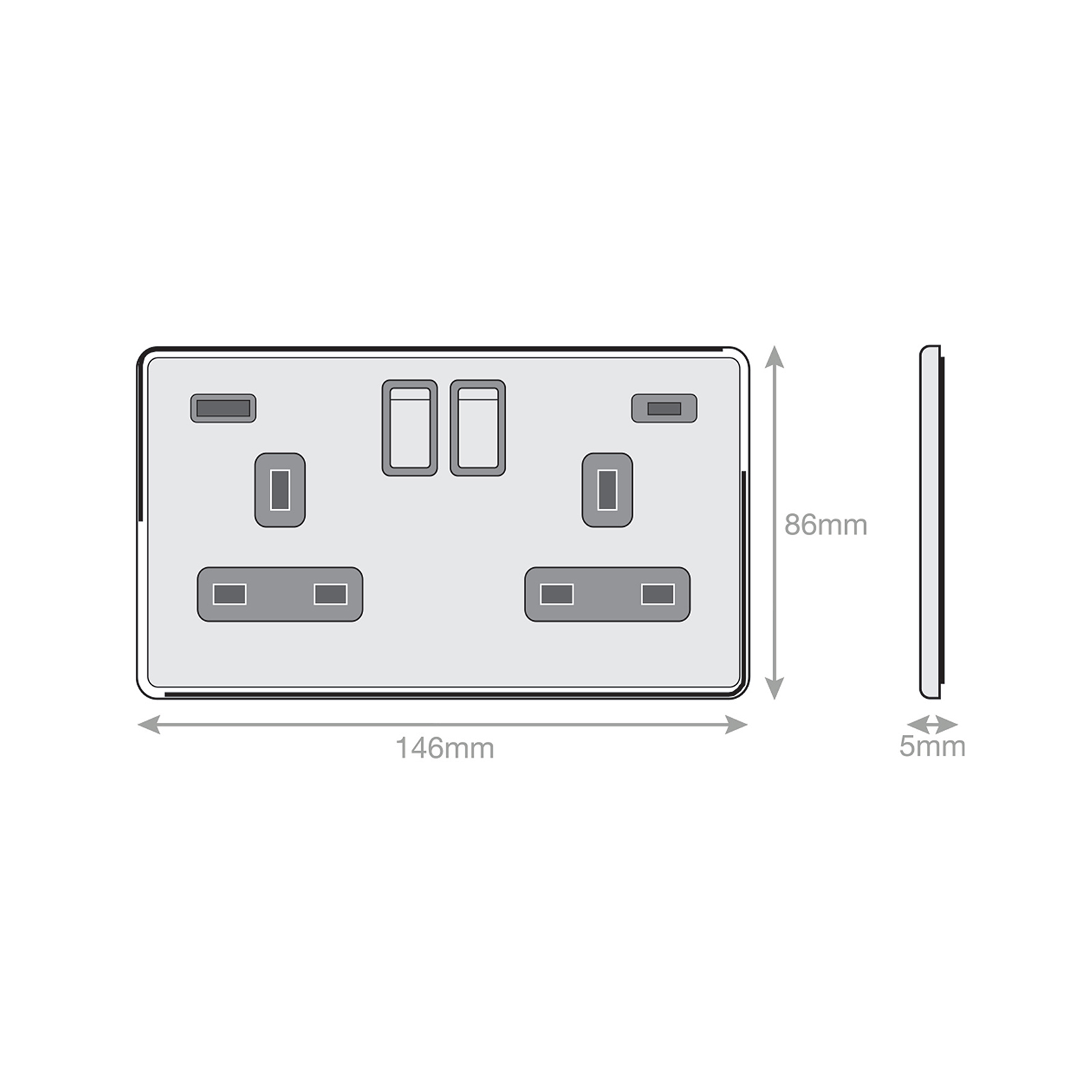 2 Gang Switched with 1 x USB Type A & 1 x USB Type C (2.4A / 3A) - Range Selectric 5M-PLUS Screwless