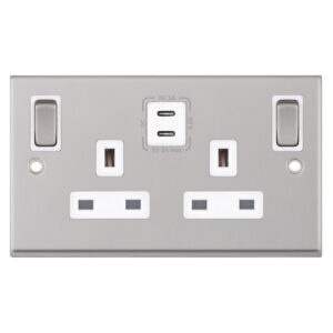 13 Amp Socket Outlet - 2 Gang Switched SP Outboard Rockers + 2 Earth - Terminals with 2 x USB Type C (3A / 3A) -  Selectric 7M-PRO