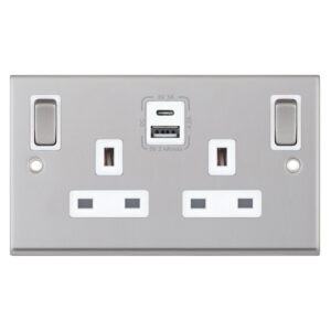 13 Amp Socket Outlets- 2 Gang Switched SP Outboard Rockers + 2 Earth - Terminals with 1 x USB Type A & 1 x USB Type C (2.4A / 3A) -  Selectric 7M-PRO