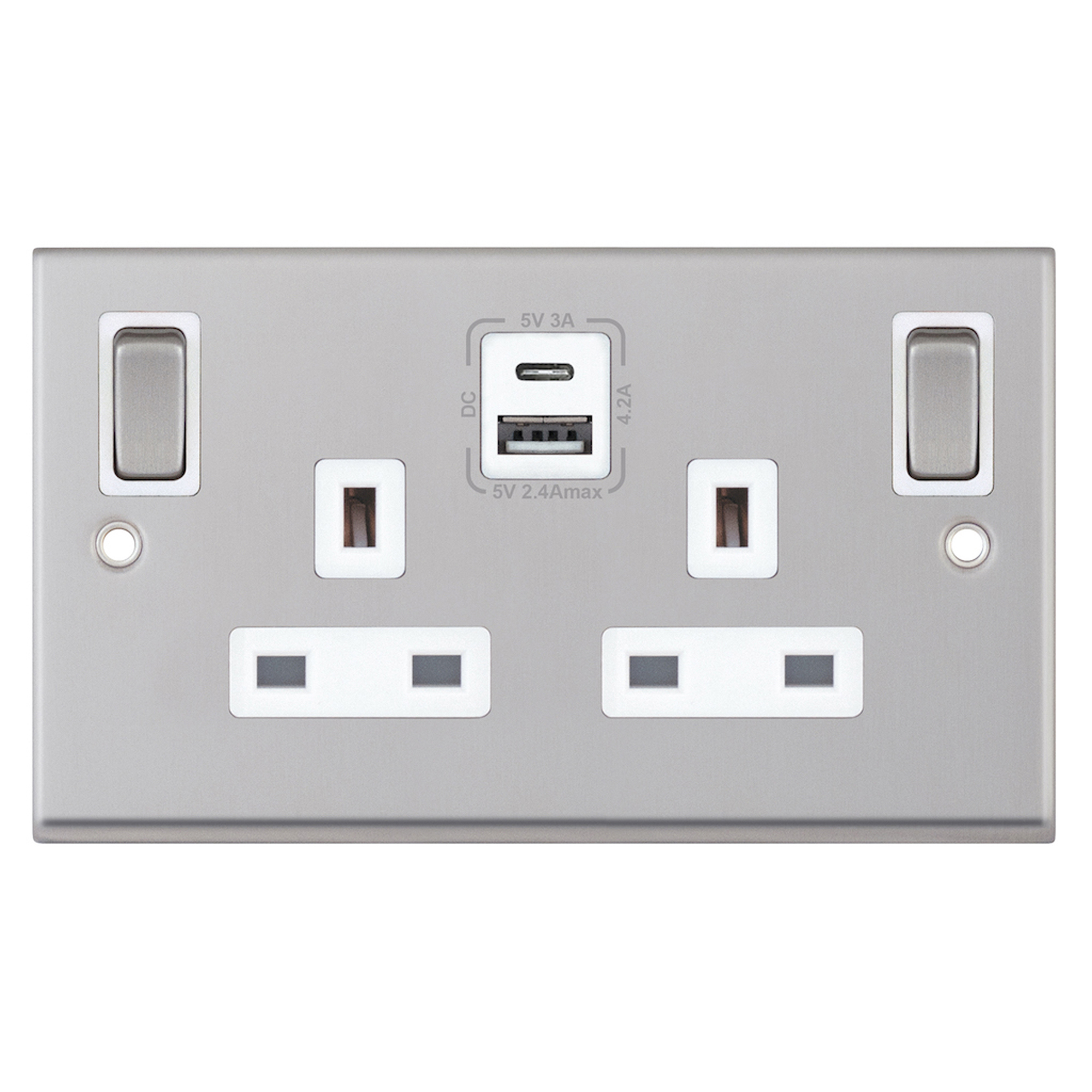 13 Amp Socket Outlets- 2 Gang Switched SP Outboard Rockers + 2 Earth - Terminals with 1 x USB Type A & 1 x USB Type C (2.4A / 3A) -  Selectric 7M-PRO