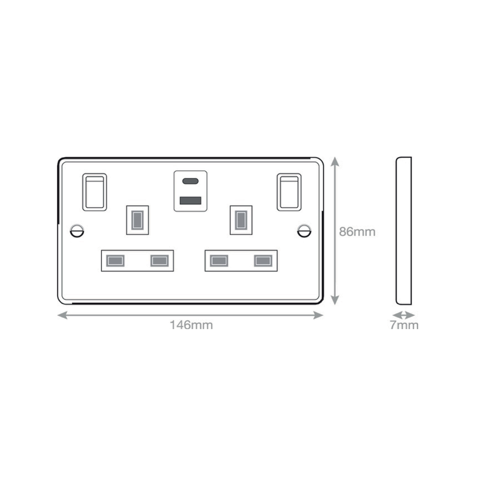 13 Amp Socket Outlets- 2 Gang Switched SP Outboard Rockers + 2 Earth - Terminals with 1 x USB Type A & 1 x USB Type C (2.4A / 3A) -  Selectric 7M-PRO