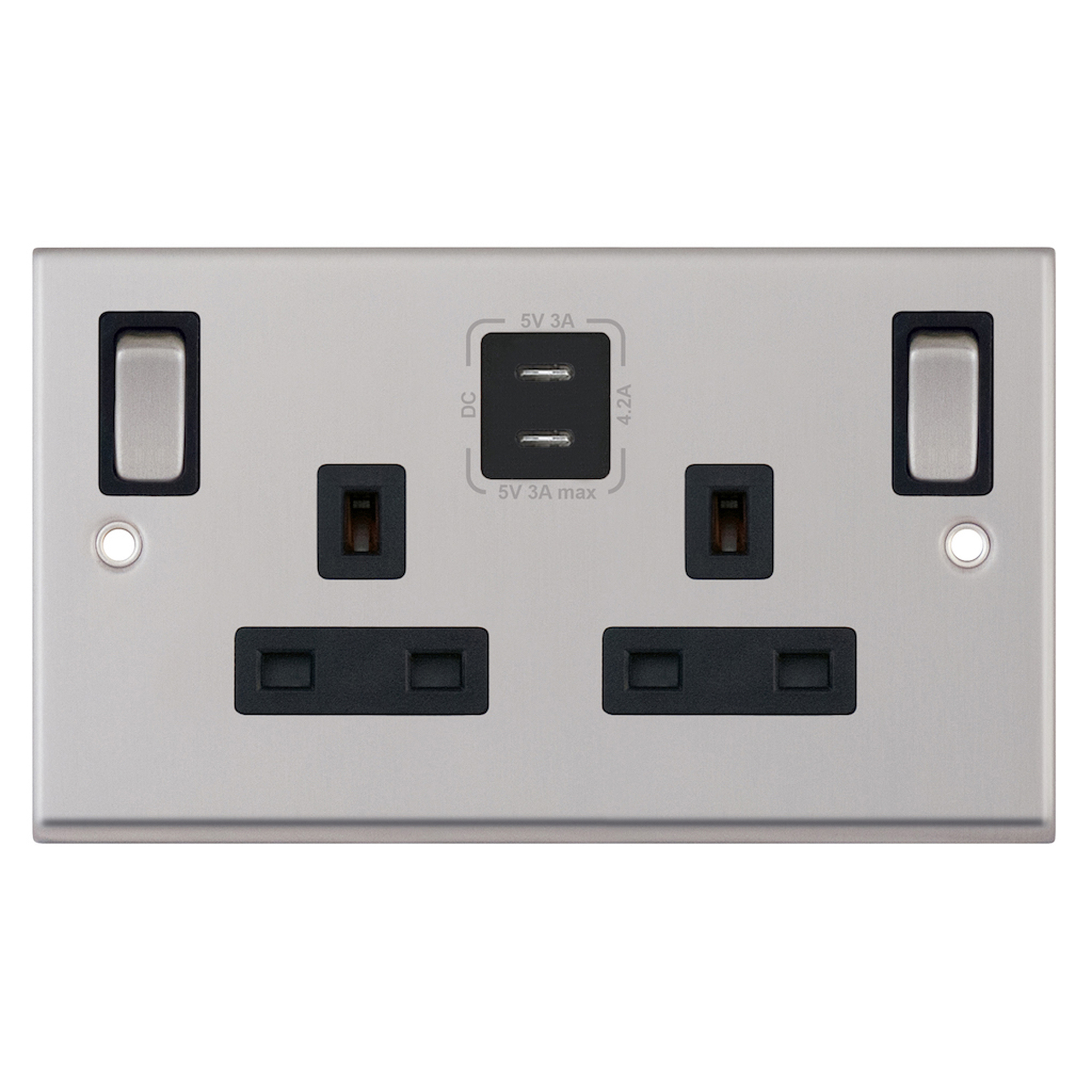 13 Amp Socket Outlet - 2 Gang Switched SP Outboard Rockers + 2 Earth - Terminals with 2 x USB Type C (3A / 3A) -  Selectric 7M-PRO