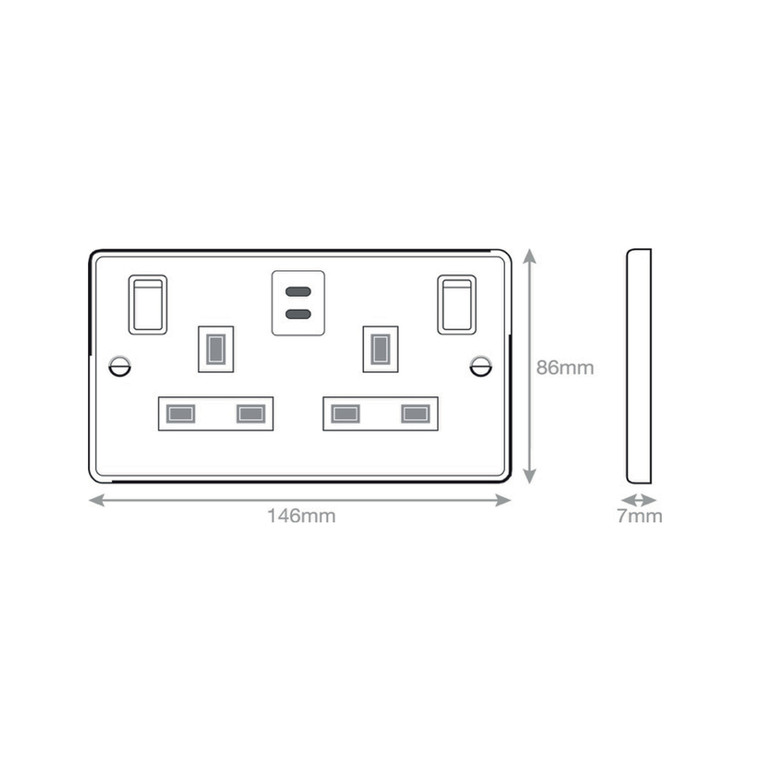 13 Amp Socket Outlet - 2 Gang Switched SP Outboard Rockers + 2 Earth - Terminals with 2 x USB Type C (3A / 3A) -  Selectric 7M-PRO
