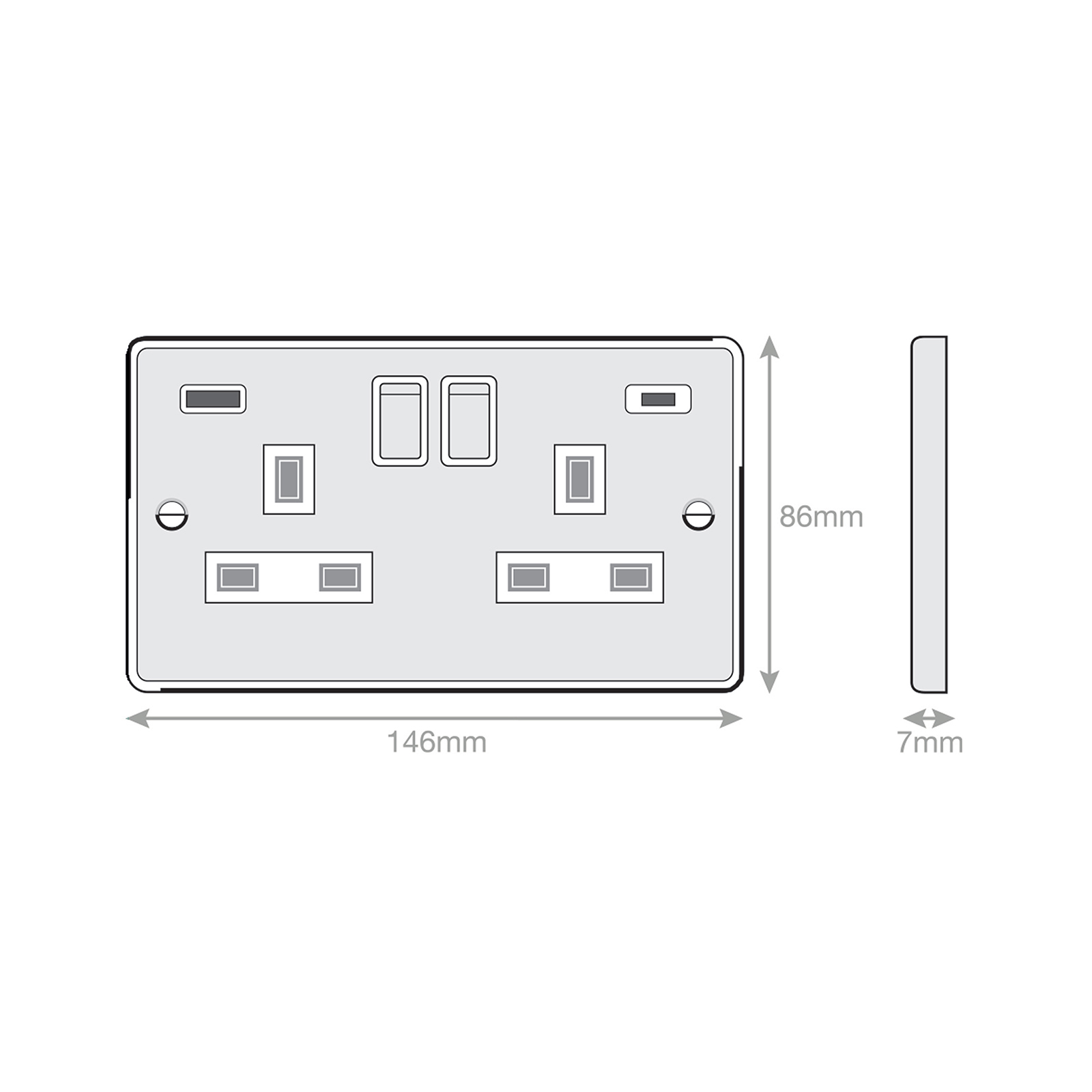 2 gang switched with 1 x USB type A & 1 x USB type C (2.4A / 3A) - Range Selectric 7M-PRO