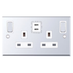 13 Amp Socket Outlet - 2 Gang Switched SP Outboard Rockers + 2 Earth - Terminals with 2 x USB Type C (3A / 3A) -  Selectric 7M-PRO