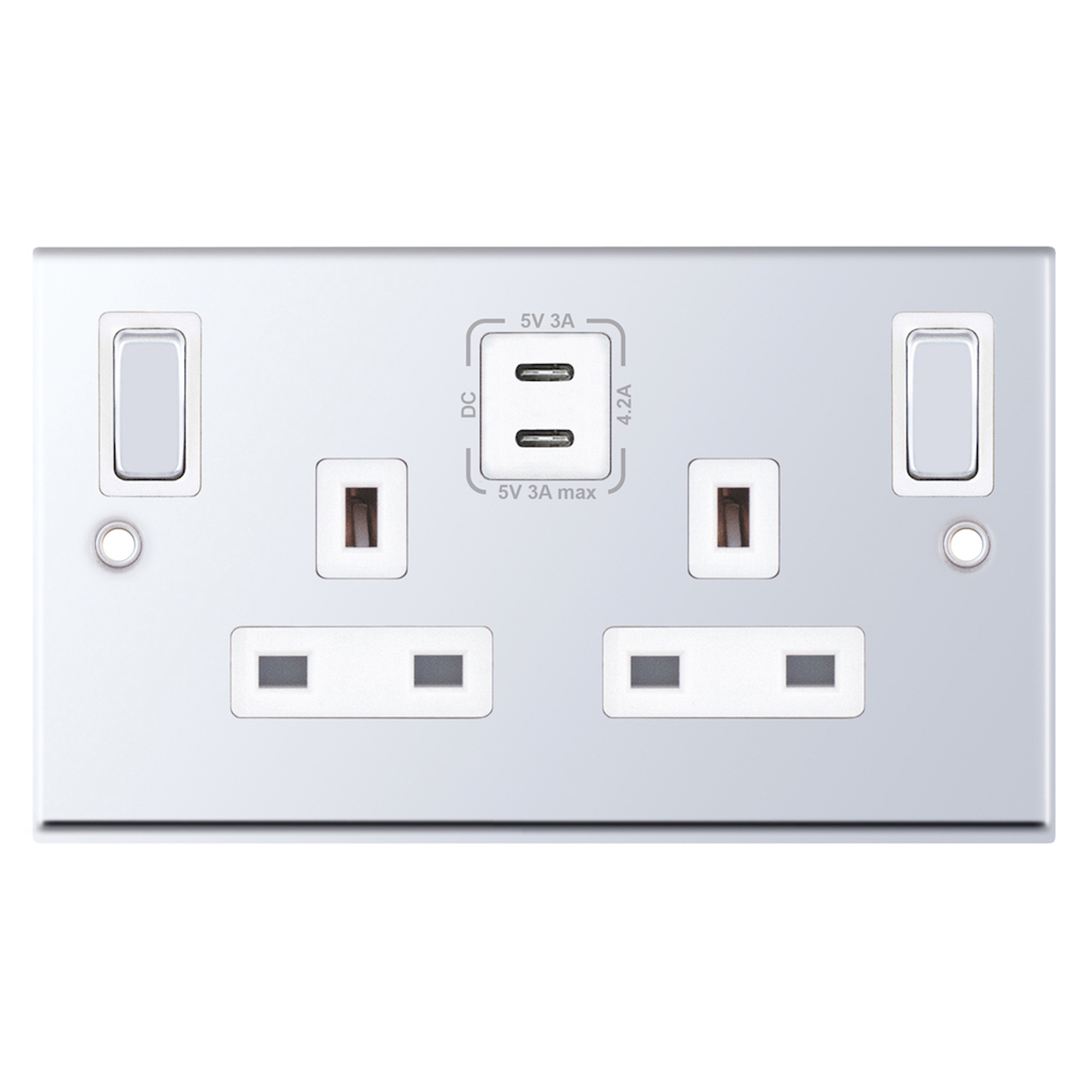 13 Amp Socket Outlet - 2 Gang Switched SP Outboard Rockers + 2 Earth - Terminals with 2 x USB Type C (3A / 3A) -  Selectric 7M-PRO