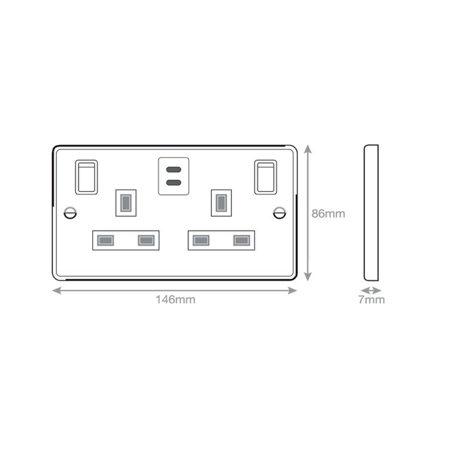 13 Amp Socket Outlet - 2 Gang Switched SP Outboard Rockers + 2 Earth - Terminals with 2 x USB Type C (3A / 3A) -  Selectric 7M-PRO