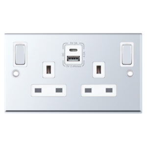 13 Amp Socket Outlets- 2 Gang Switched SP Outboard Rockers + 2 Earth - Terminals with 1 x USB Type A & 1 x USB Type C (2.4A / 3A) -  Selectric 7M-PRO