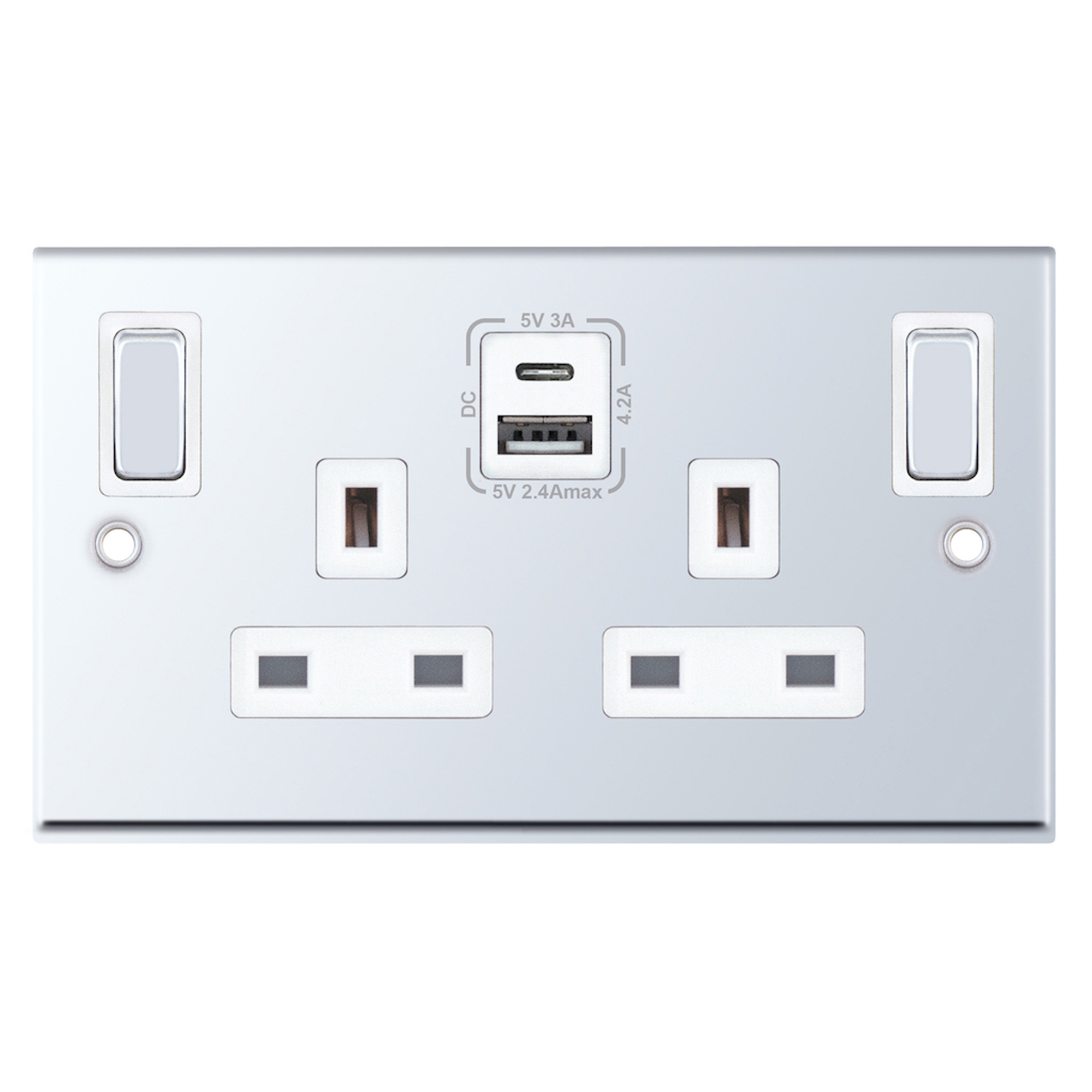 13 Amp Socket Outlets- 2 Gang Switched SP Outboard Rockers + 2 Earth - Terminals with 1 x USB Type A & 1 x USB Type C (2.4A / 3A) -  Selectric 7M-PRO