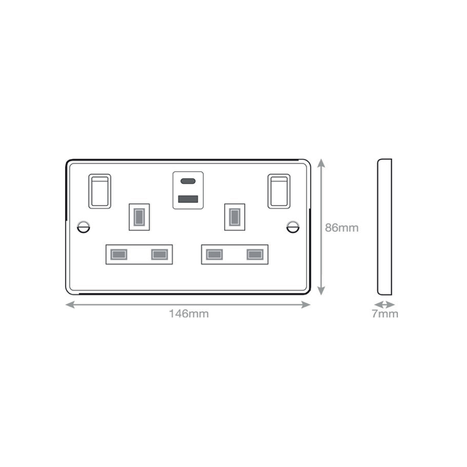 13 Amp Socket Outlets- 2 Gang Switched SP Outboard Rockers + 2 Earth - Terminals with 1 x USB Type A & 1 x USB Type C (2.4A / 3A) -  Selectric 7M-PRO
