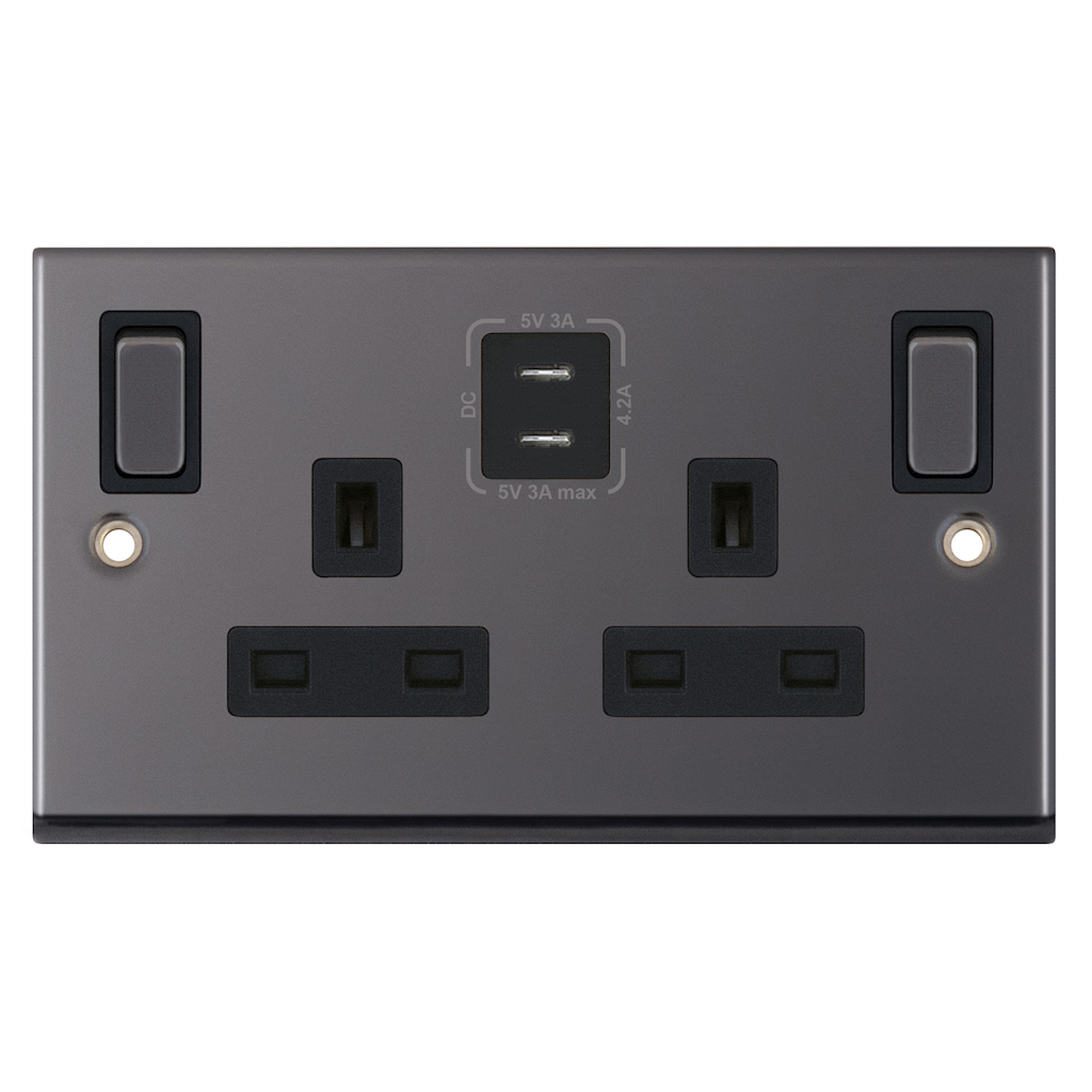 13 Amp Socket Outlet - 2 Gang Switched SP Outboard Rockers + 2 Earth - Terminals with 2 x USB Type C (3A / 3A) -  Selectric 7M-PRO