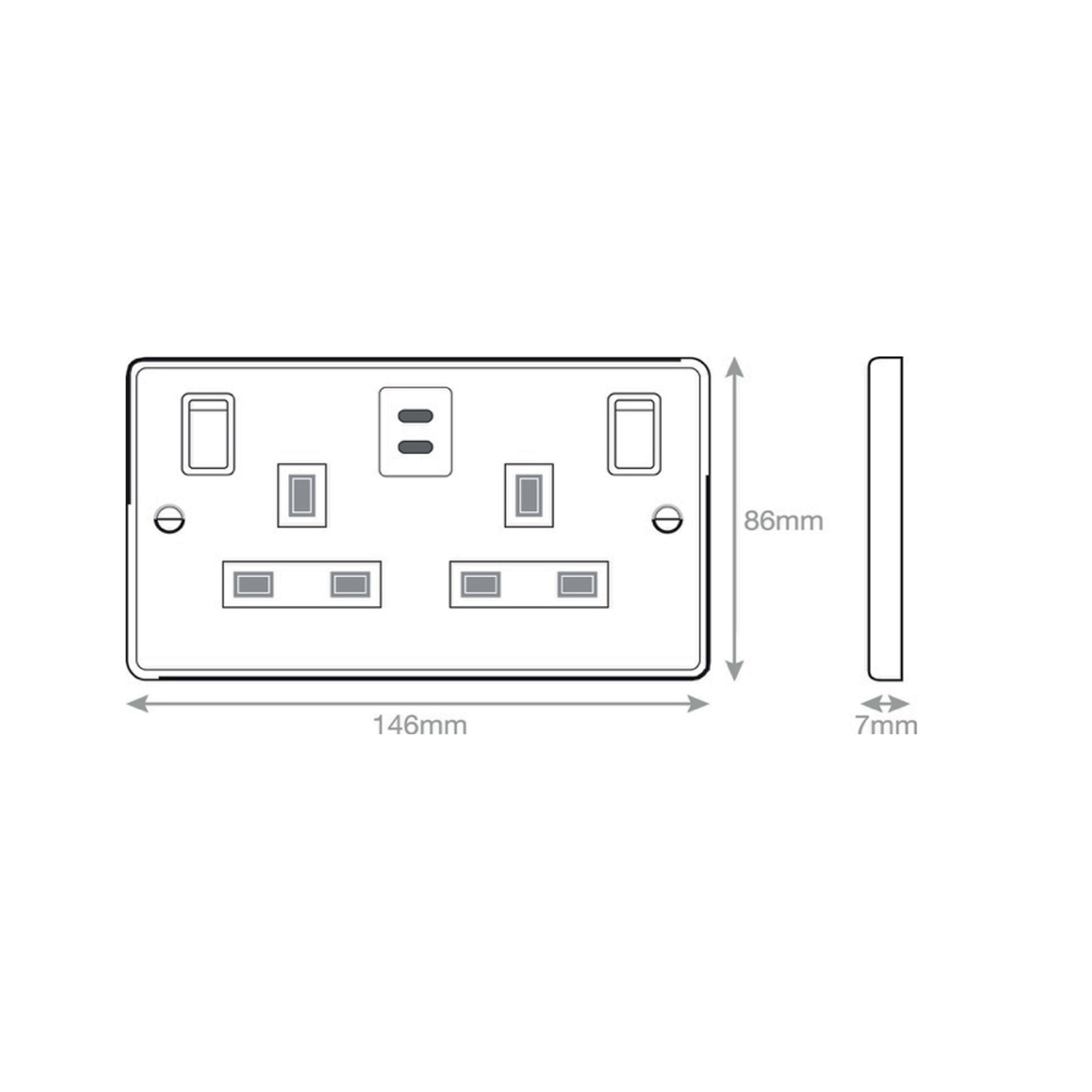 13 Amp Socket Outlet - 2 Gang Switched SP Outboard Rockers + 2 Earth - Terminals with 2 x USB Type C (3A / 3A) -  Selectric 7M-PRO