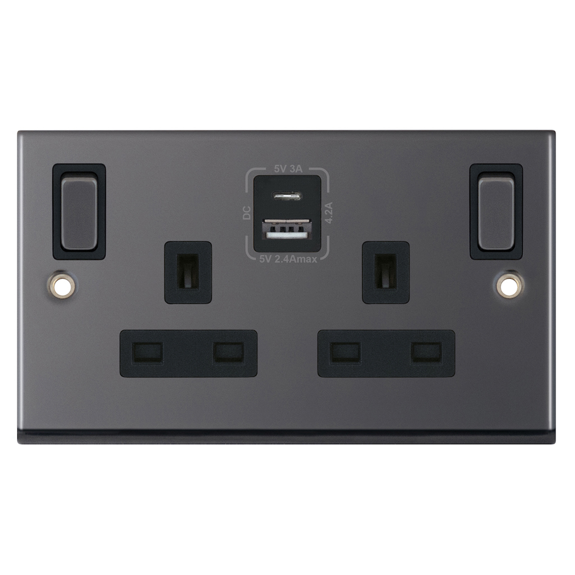 13 Amp Socket Outlets- 2 Gang Switched SP Outboard Rockers + 2 Earth - Terminals with 1 x USB Type A & 1 x USB Type C (2.4A / 3A) -  Selectric 7M-PRO