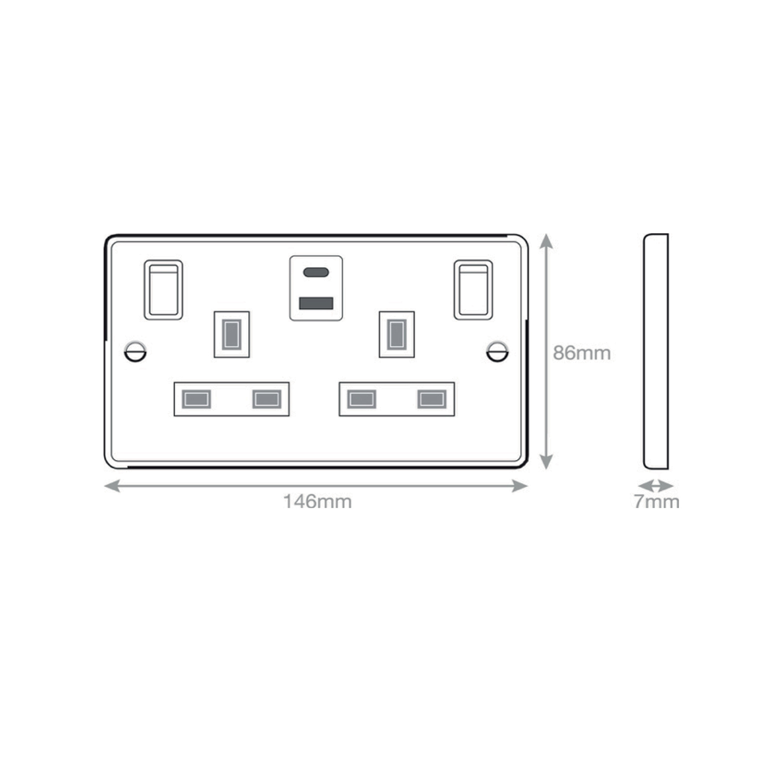 13 Amp Socket Outlets- 2 Gang Switched SP Outboard Rockers + 2 Earth - Terminals with 1 x USB Type A & 1 x USB Type C (2.4A / 3A) -  Selectric 7M-PRO