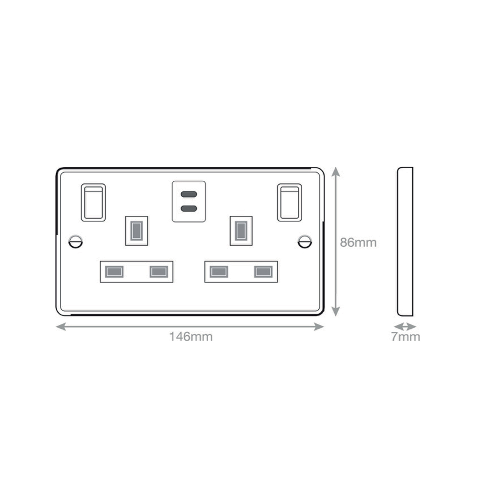 13 Amp Socket Outlet - 2 Gang Switched SP Outboard Rockers + 2 Earth - Terminals with 2 x USB Type C (3A / 3A) -  Selectric 7M-PRO
