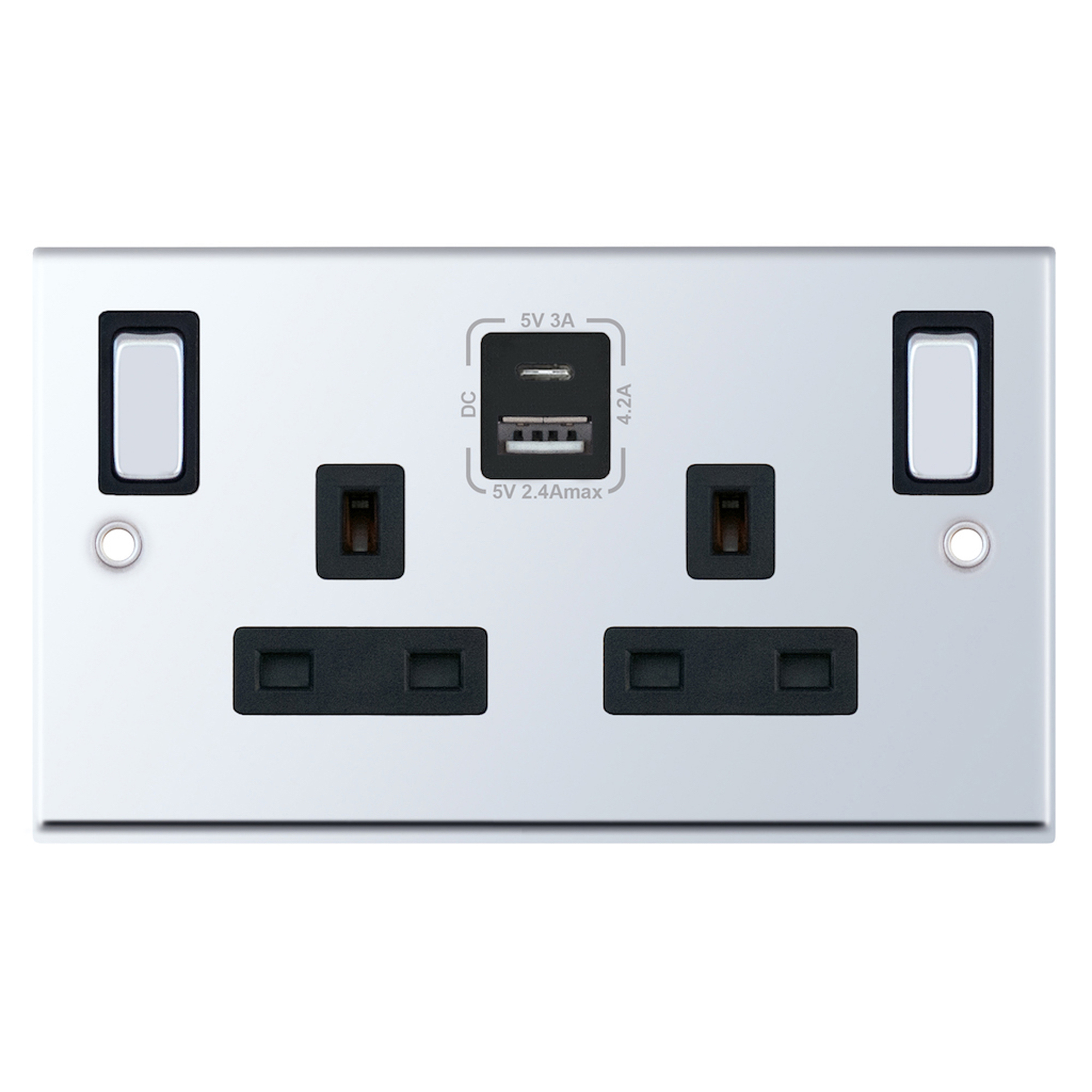 13 Amp Socket Outlets- 2 Gang Switched SP Outboard Rockers + 2 Earth - Terminals with 1 x USB Type A & 1 x USB Type C (2.4A / 3A) -  Selectric 7M-PRO
