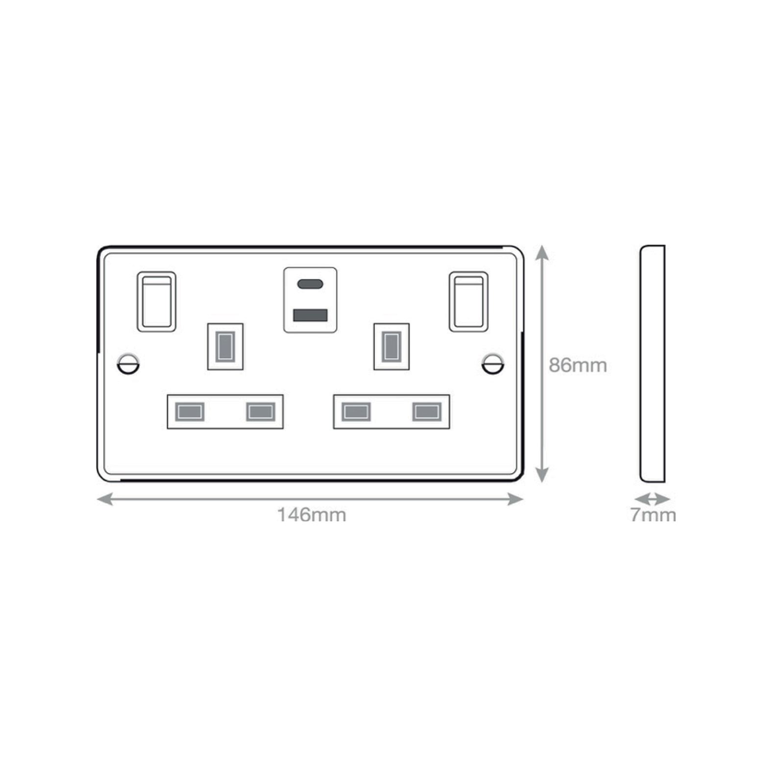 13 Amp Socket Outlets- 2 Gang Switched SP Outboard Rockers + 2 Earth - Terminals with 1 x USB Type A & 1 x USB Type C (2.4A / 3A) -  Selectric 7M-PRO