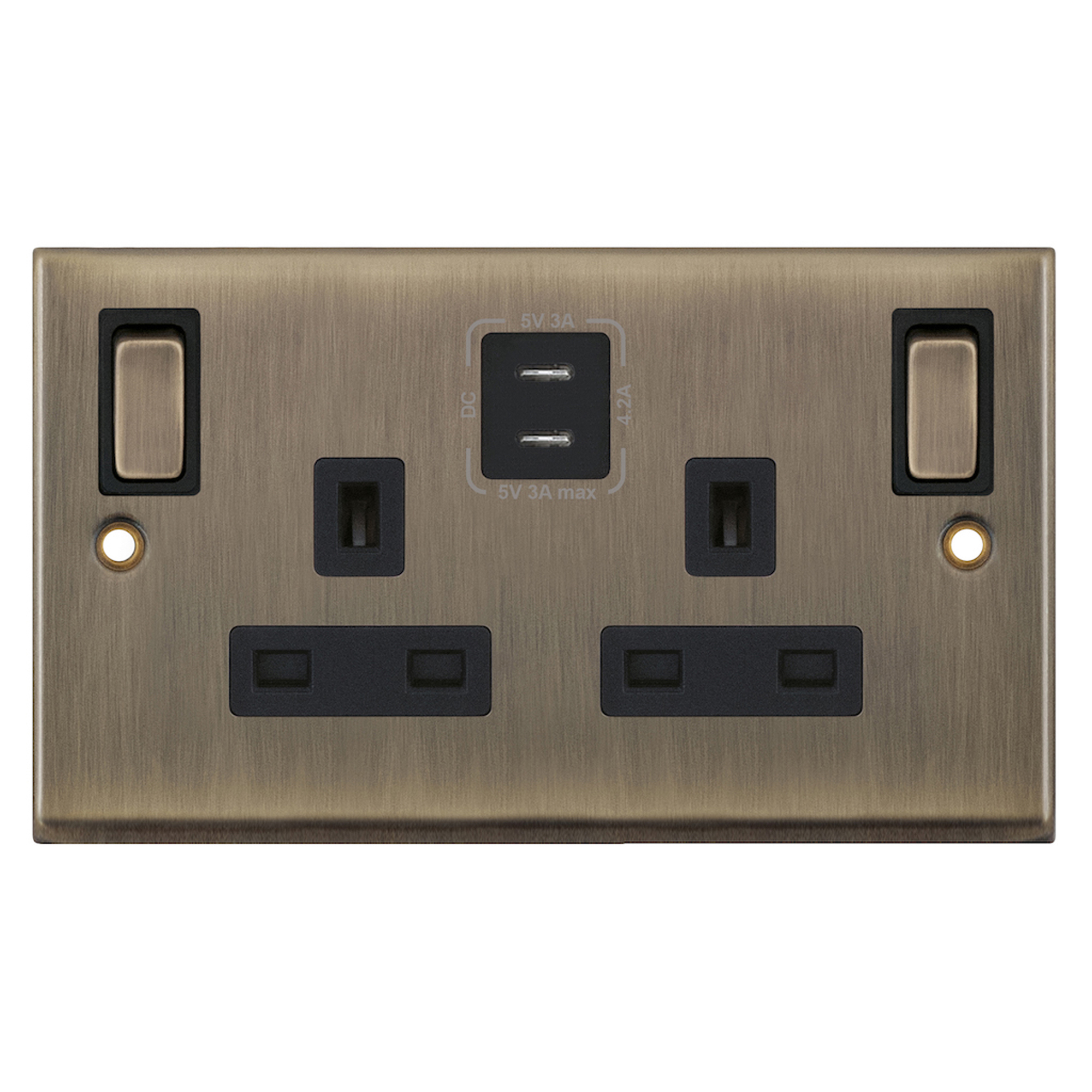 13 Amp Socket Outlet - 2 Gang Switched SP Outboard Rockers + 2 Earth - Terminals with 2 x USB Type C (3A / 3A) -  Selectric 7M-PRO