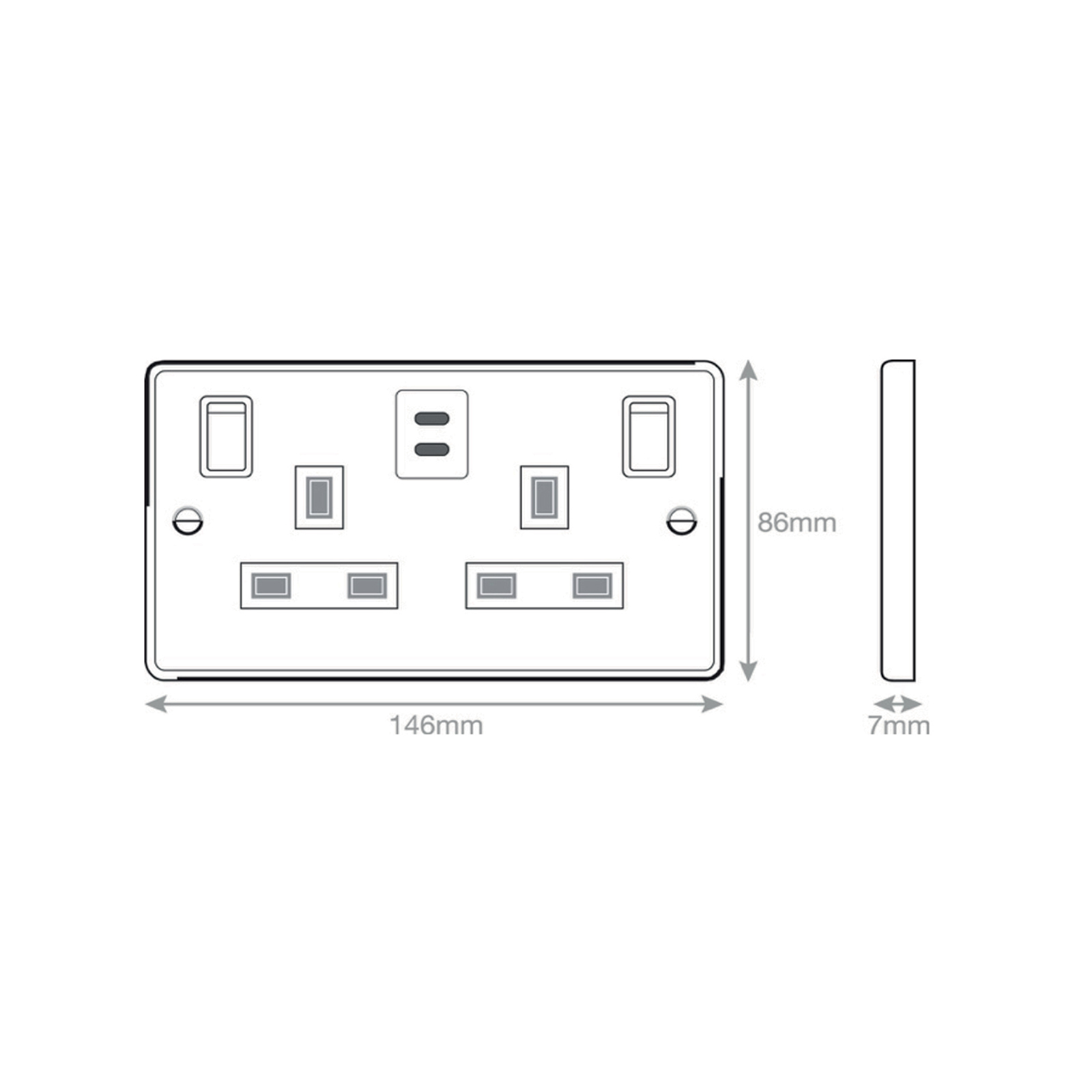 13 Amp Socket Outlet - 2 Gang Switched SP Outboard Rockers + 2 Earth - Terminals with 2 x USB Type C (3A / 3A) -  Selectric 7M-PRO
