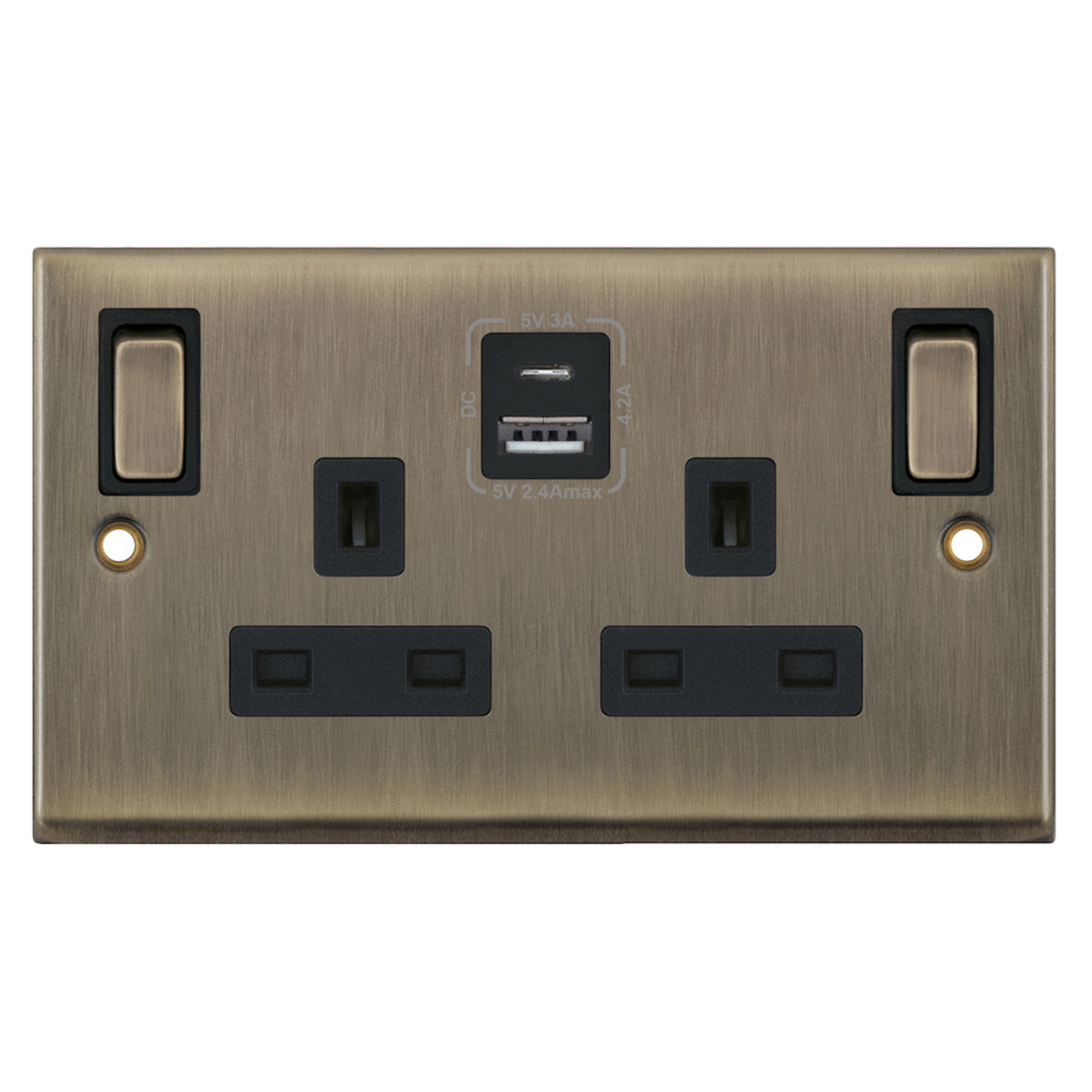 13 Amp Socket Outlets- 2 Gang Switched SP Outboard Rockers + 2 Earth - Terminals with 1 x USB Type A & 1 x USB Type C (2.4A / 3A) -  Selectric 7M-PRO